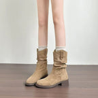 2026 Autumn/Winter New Women's Mid-Calf Slouch Combat Boots with Slimming V-Cut & Ruched Detail