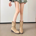 2026 Autumn/Winter New Women's Mid-Calf Slouch Combat Boots with Slimming V-Cut & Ruched Detail