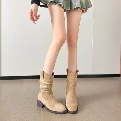2026 Autumn/Winter New Women's Mid-Calf Slouch Combat Boots with Slimming V-Cut & Ruched Detail